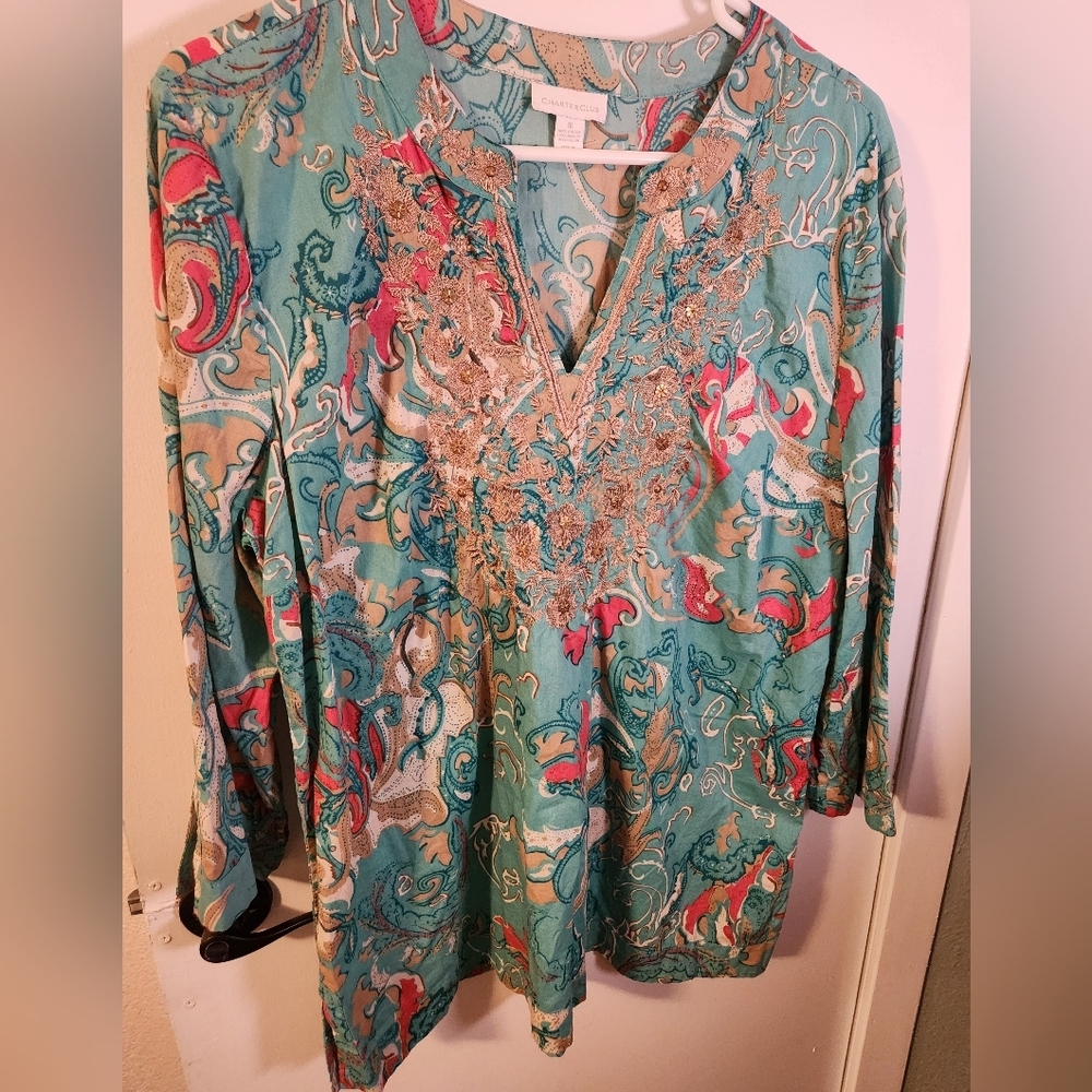 Charter Club 100% Cotton Women's Teal and Pink Paisley Top Size 16
